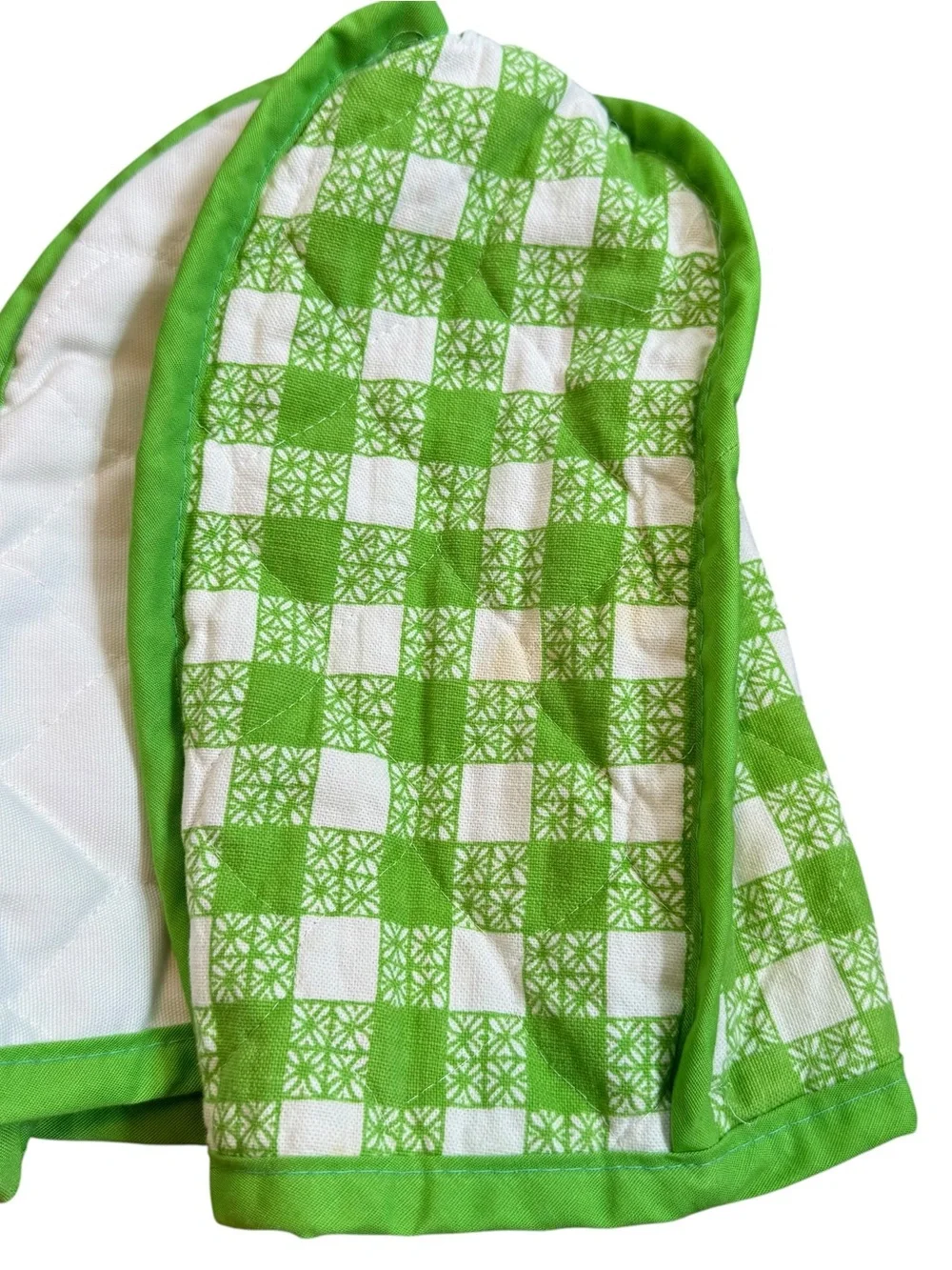 Vintage 1977 Half Apron And Appliance Cover Green White Gingham Apples Quilted